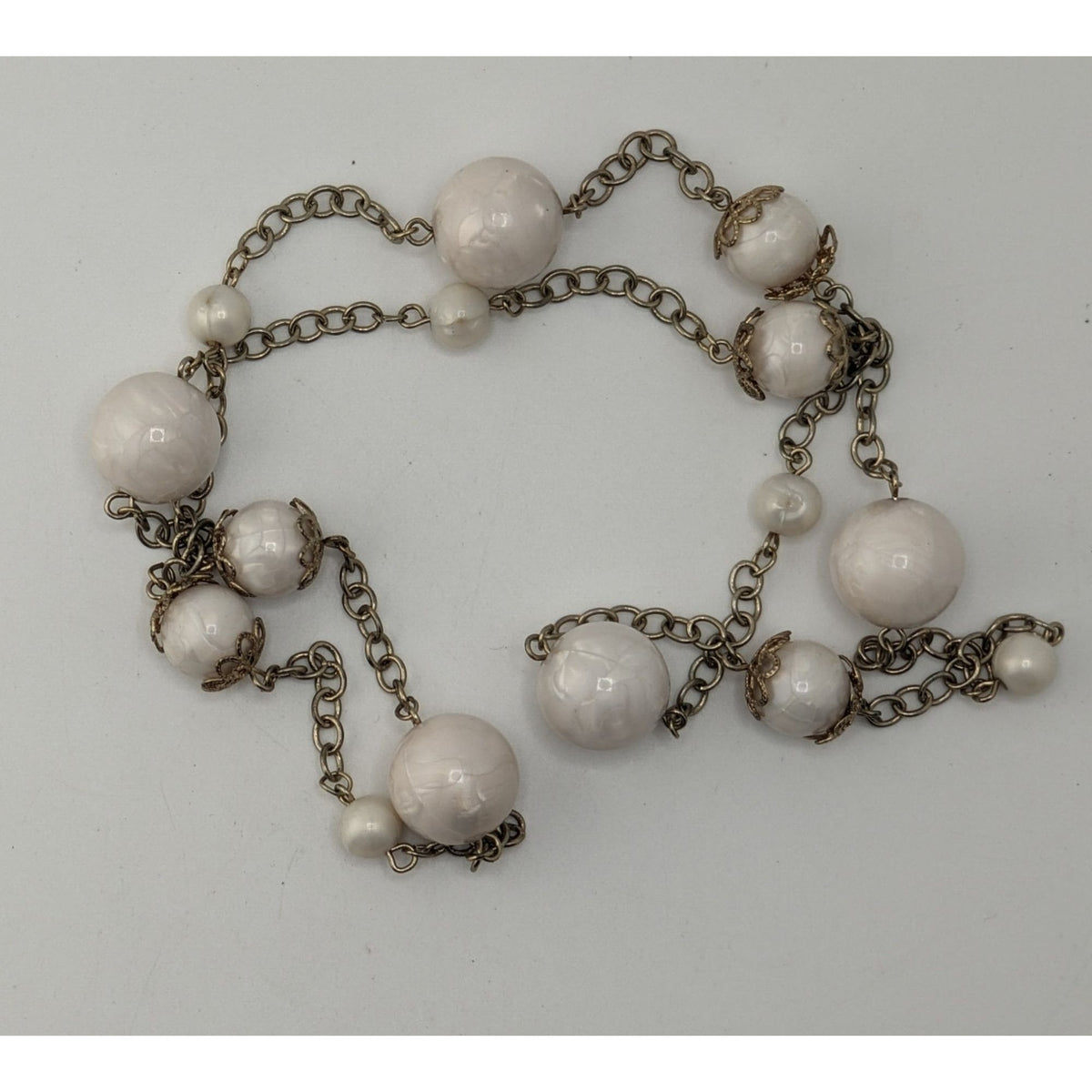 Vintage Coquette Romantic White Beaded Station Necklace Silver Tone