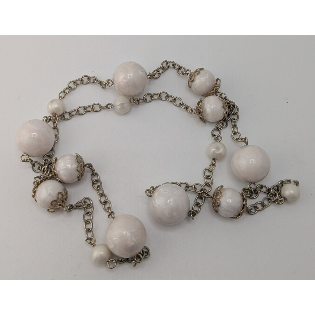 Vintage Coquette Romantic White Beaded Station Necklace Silver Tone