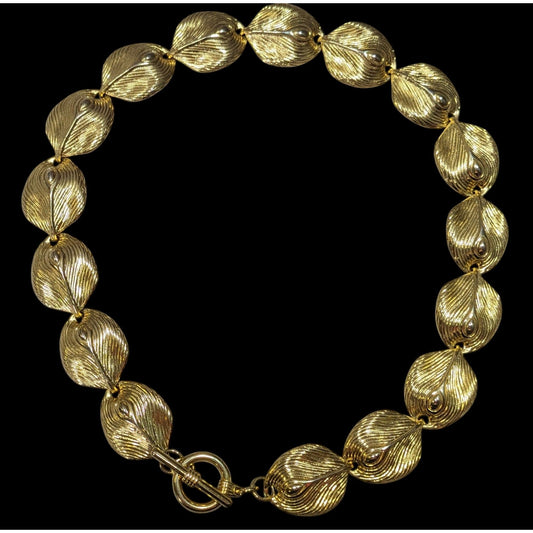 Vintage Peacock Feather Gold Tone Link Toggle Necklace