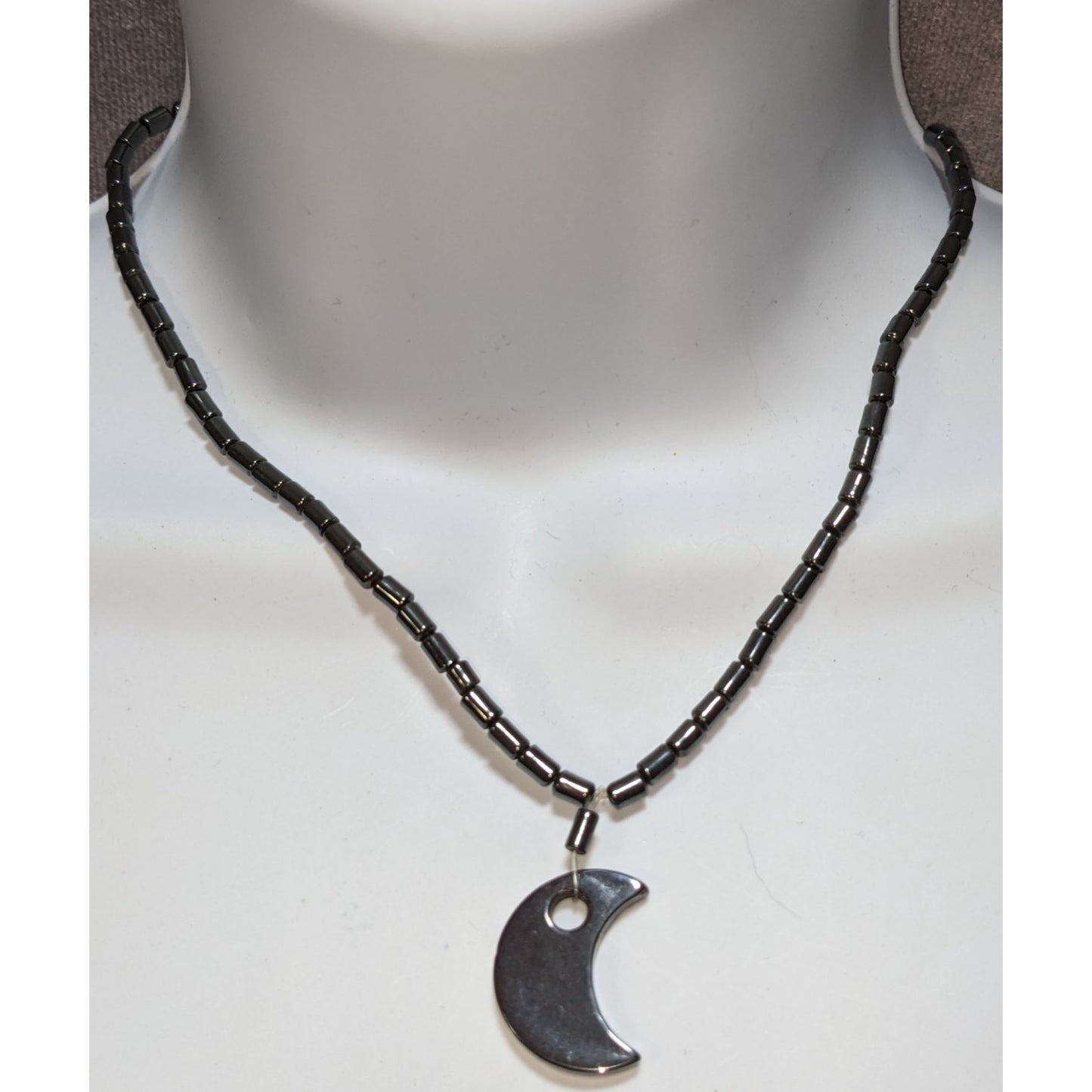 Witchy Whimsigoth Hematite Beaded Necklace With Crescent Moon Pendant