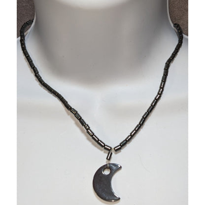 Witchy Whimsigoth Hematite Beaded Necklace With Crescent Moon Pendant