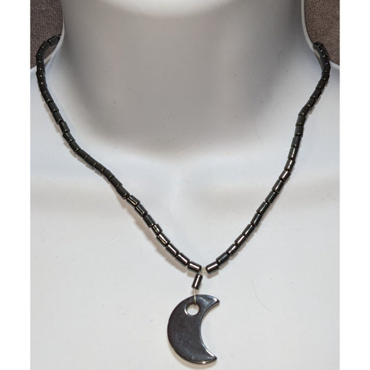 Witchy Whimsigoth Hematite Beaded Necklace With Crescent Moon Pendant