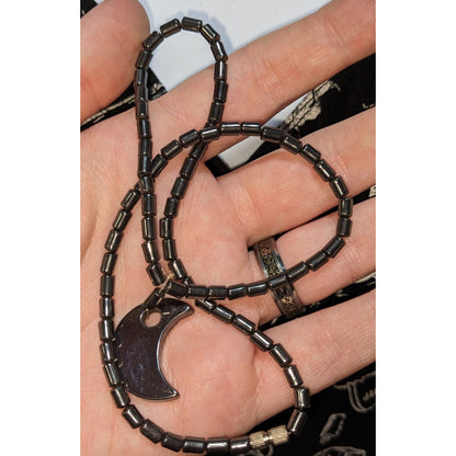 Witchy Whimsigoth Hematite Beaded Necklace With Crescent Moon Pendant