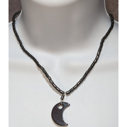 Witchy Whimsigoth Hematite Beaded Necklace With Crescent Moon Pendant