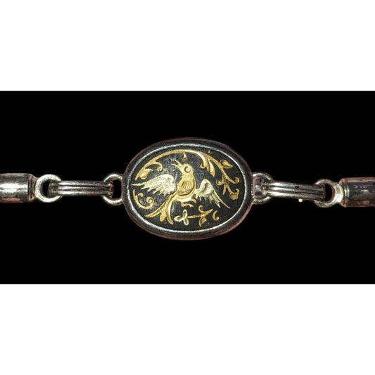 Vintage Damascene Bird Engraved Black And Gold Tone Bracelet