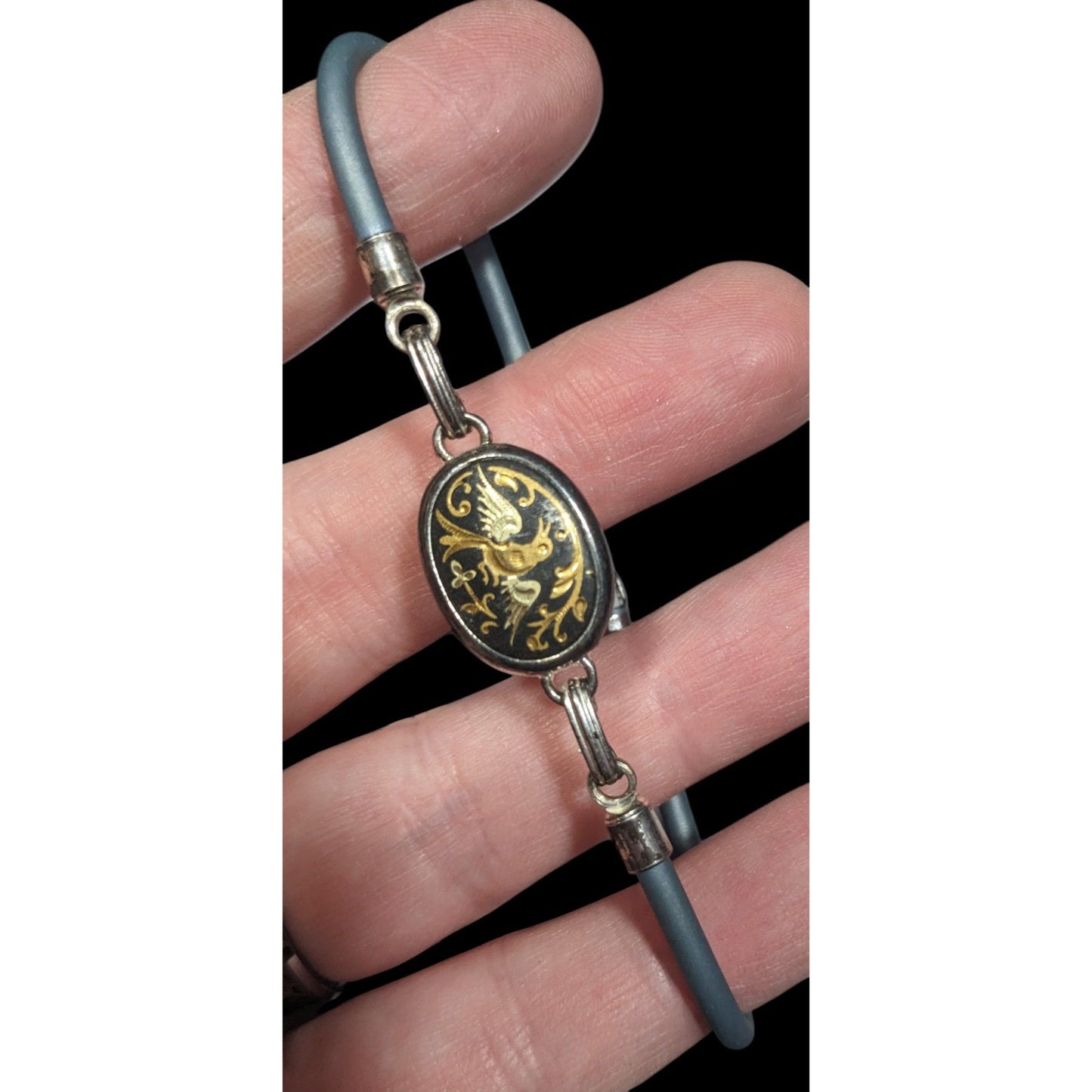 Vintage Damascene Bird Engraved Black And Gold Tone Bracelet