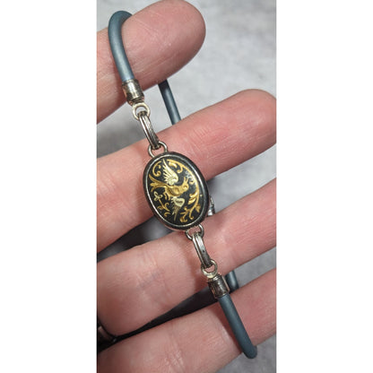 Vintage Damascene Bird Engraved Black And Gold Tone Bracelet