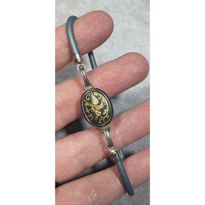 Vintage Damascene Bird Engraved Black And Gold Tone Bracelet