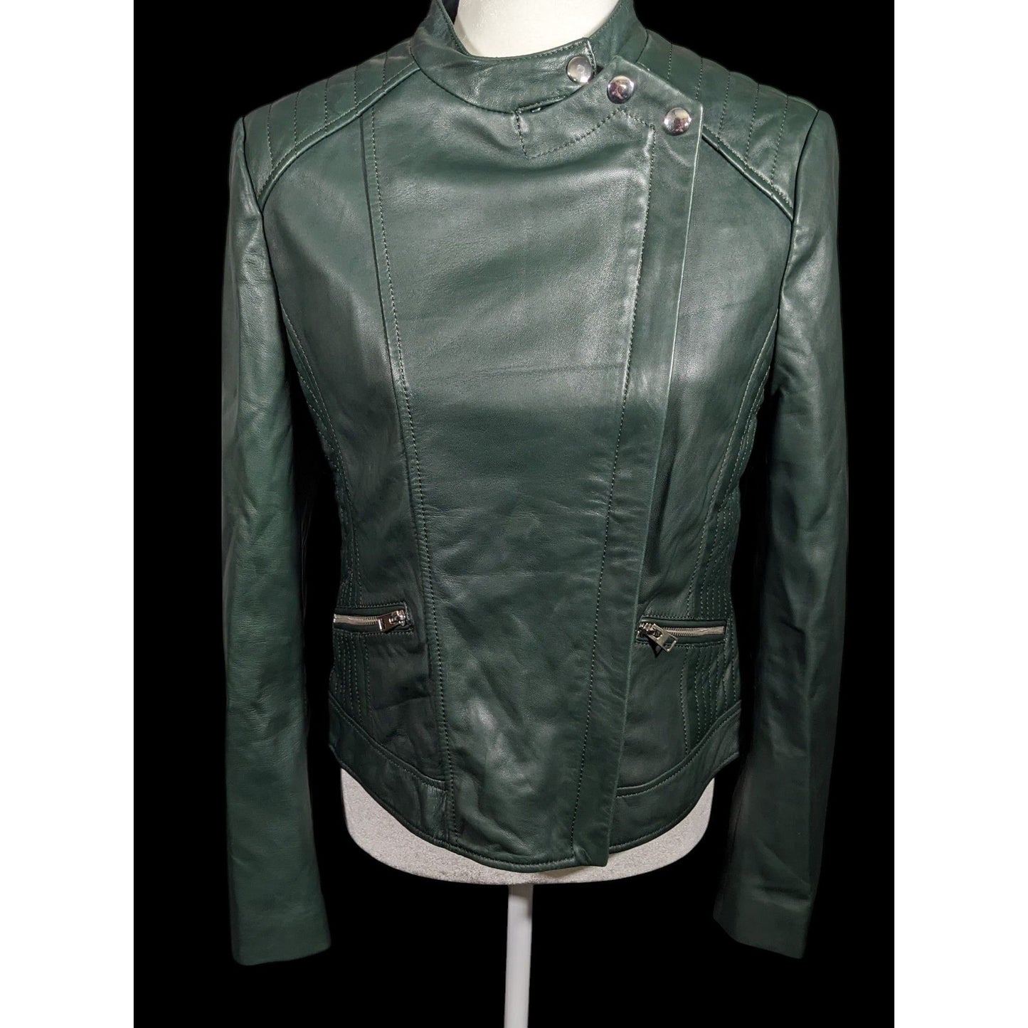 Corbani Green Quilted Shoulder Genuine Leather Moto Jacket Size Medium
