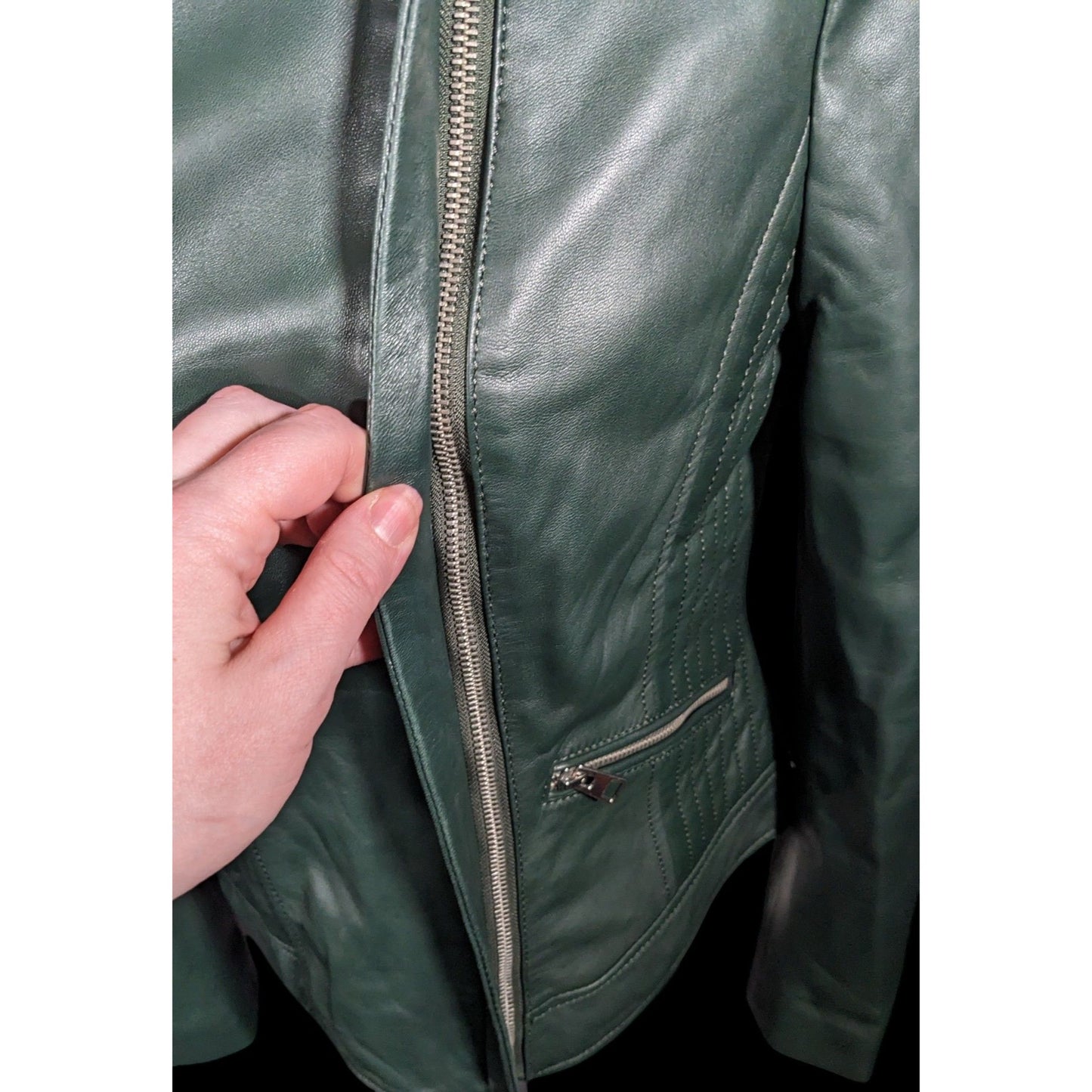 Corbani Green Quilted Shoulder Genuine Leather Moto Jacket Size Medium