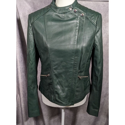 Corbani Green Quilted Shoulder Genuine Leather Moto Jacket Size Medium