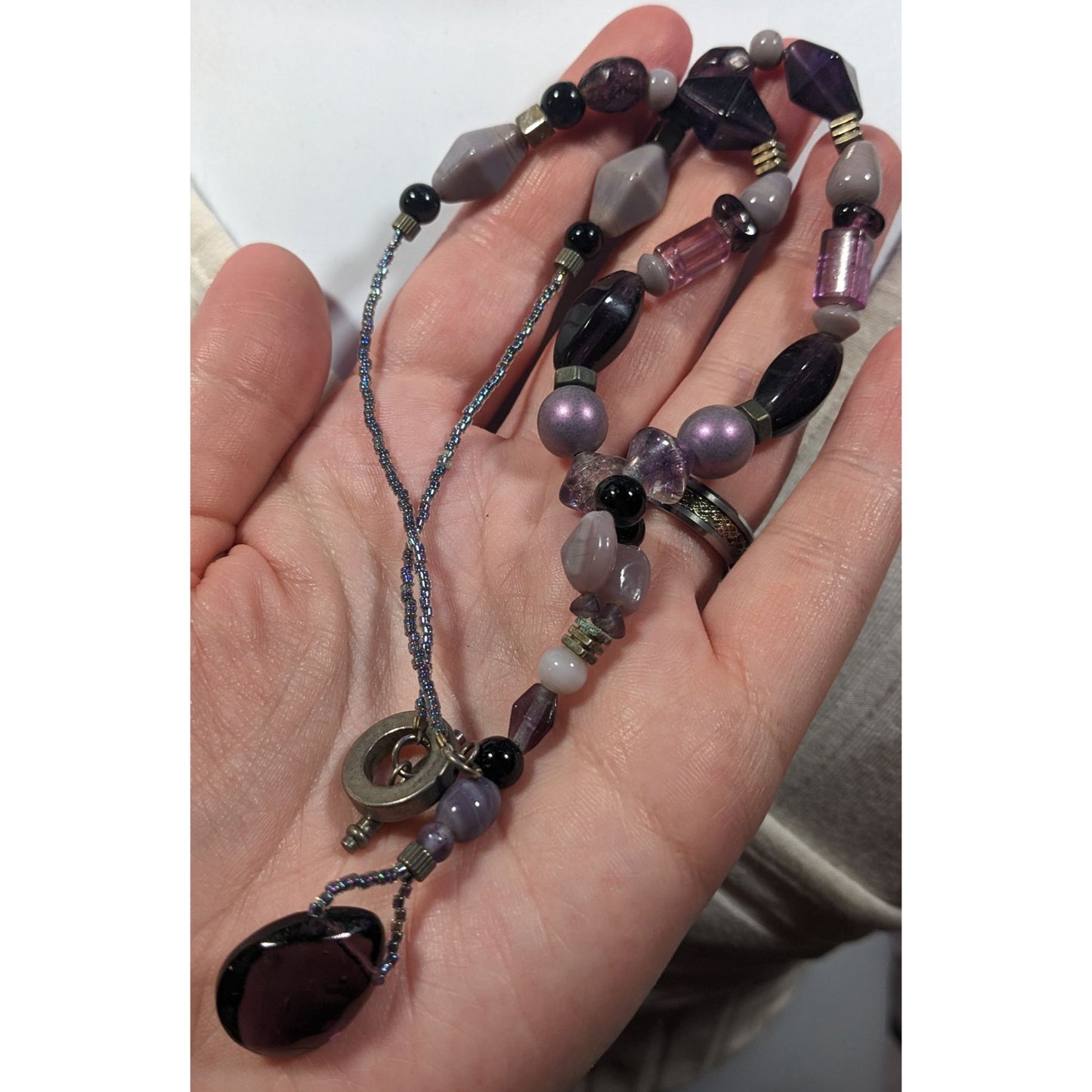Handmade Purple Glass And Stone Y Necklace