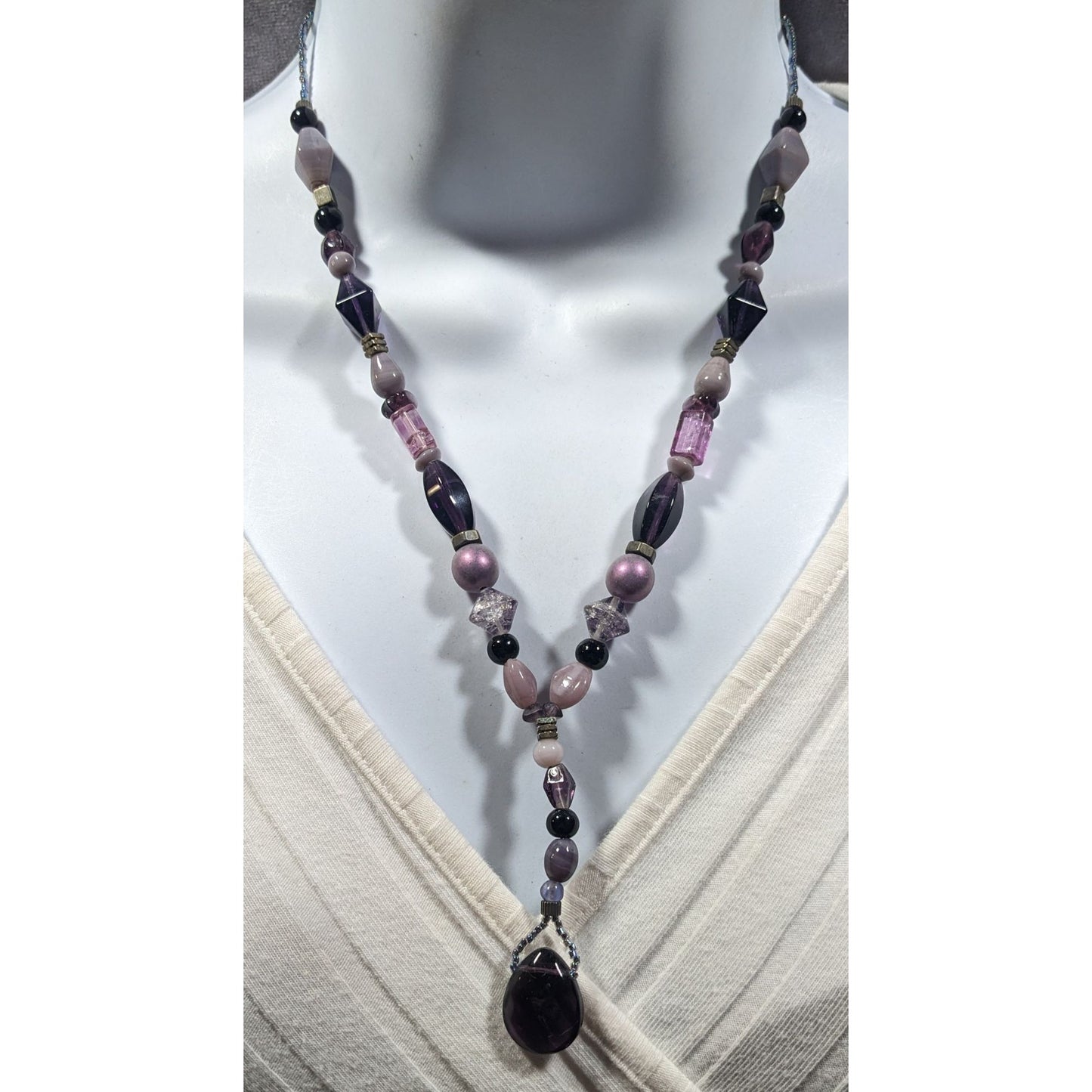 Handmade Purple Glass And Stone Y Necklace