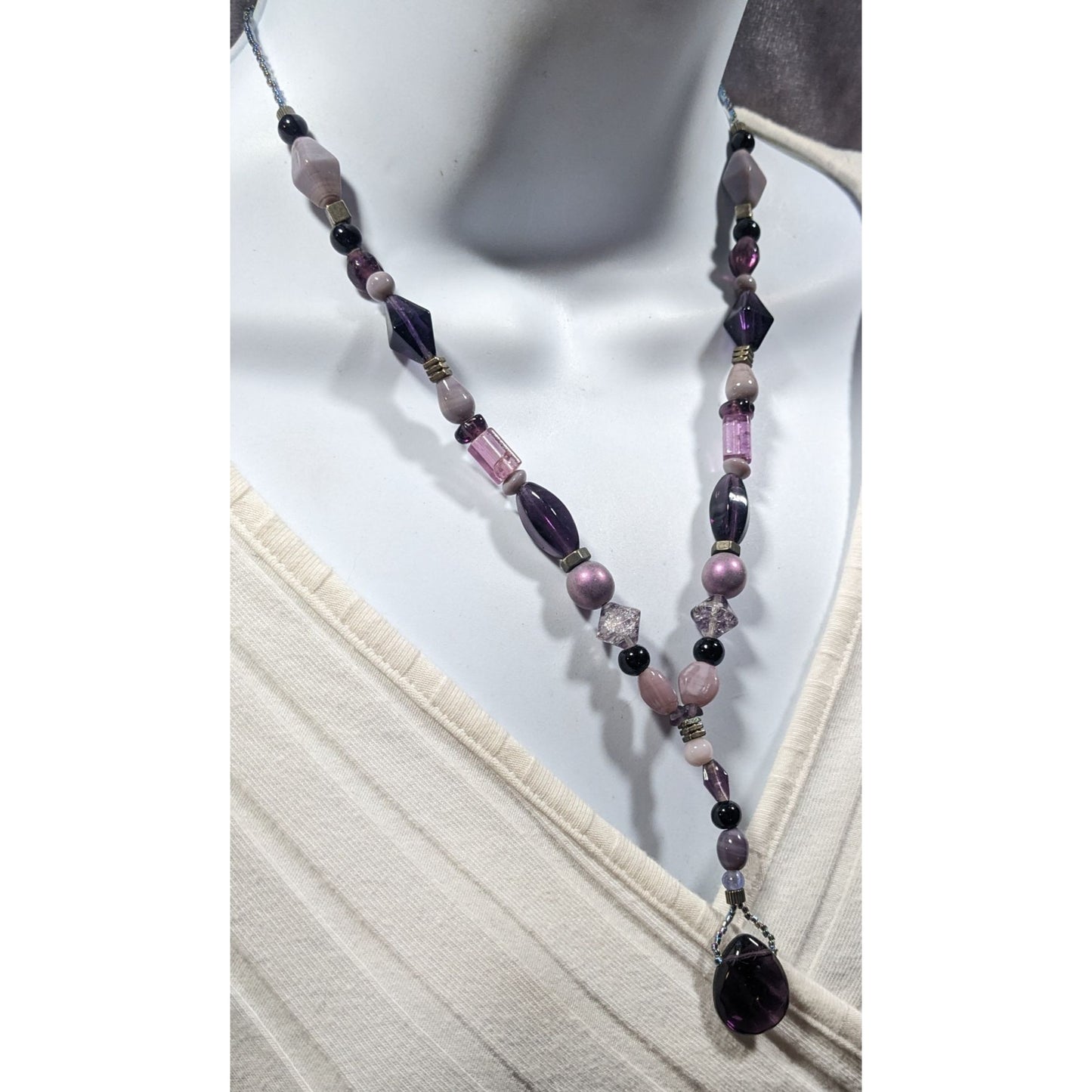 Handmade Purple Glass And Stone Y Necklace