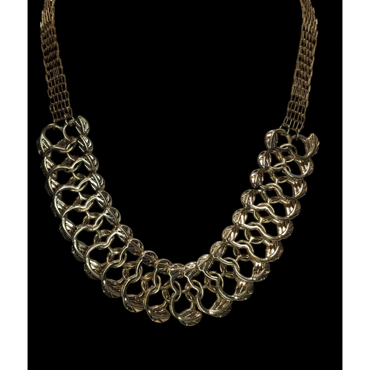 Erica Lyons Gold Link Statement Necklace Leaf Motif Bib Collar Vintage Glam