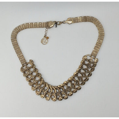 Erica Lyons Gold Link Statement Necklace Leaf Motif Bib Collar Vintage Glam
