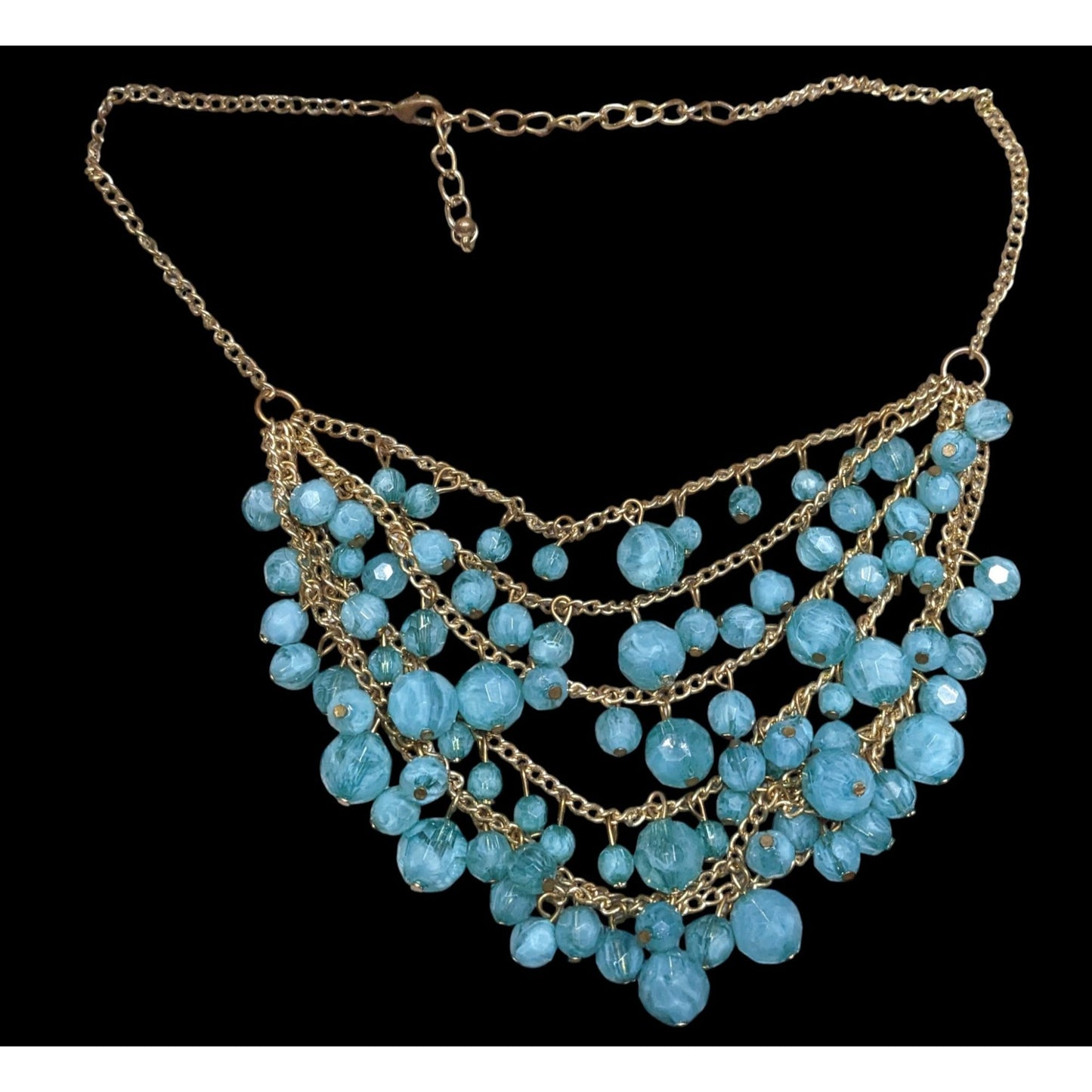 Cascading Aqua Blue Beaded Necklace On Gold-Tone Chain