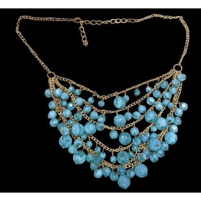 Cascading Aqua Blue Beaded Necklace On Gold-Tone Chain