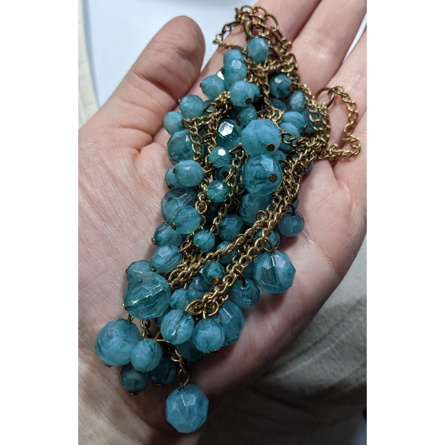 Cascading Aqua Blue Beaded Necklace On Gold-Tone Chain