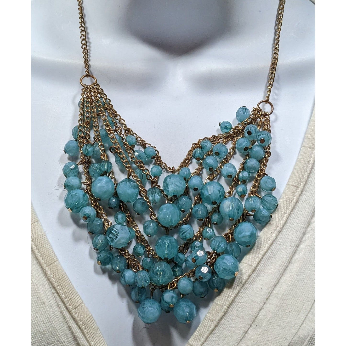 Cascading Aqua Blue Beaded Necklace On Gold-Tone Chain