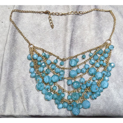 Cascading Aqua Blue Beaded Necklace On Gold-Tone Chain
