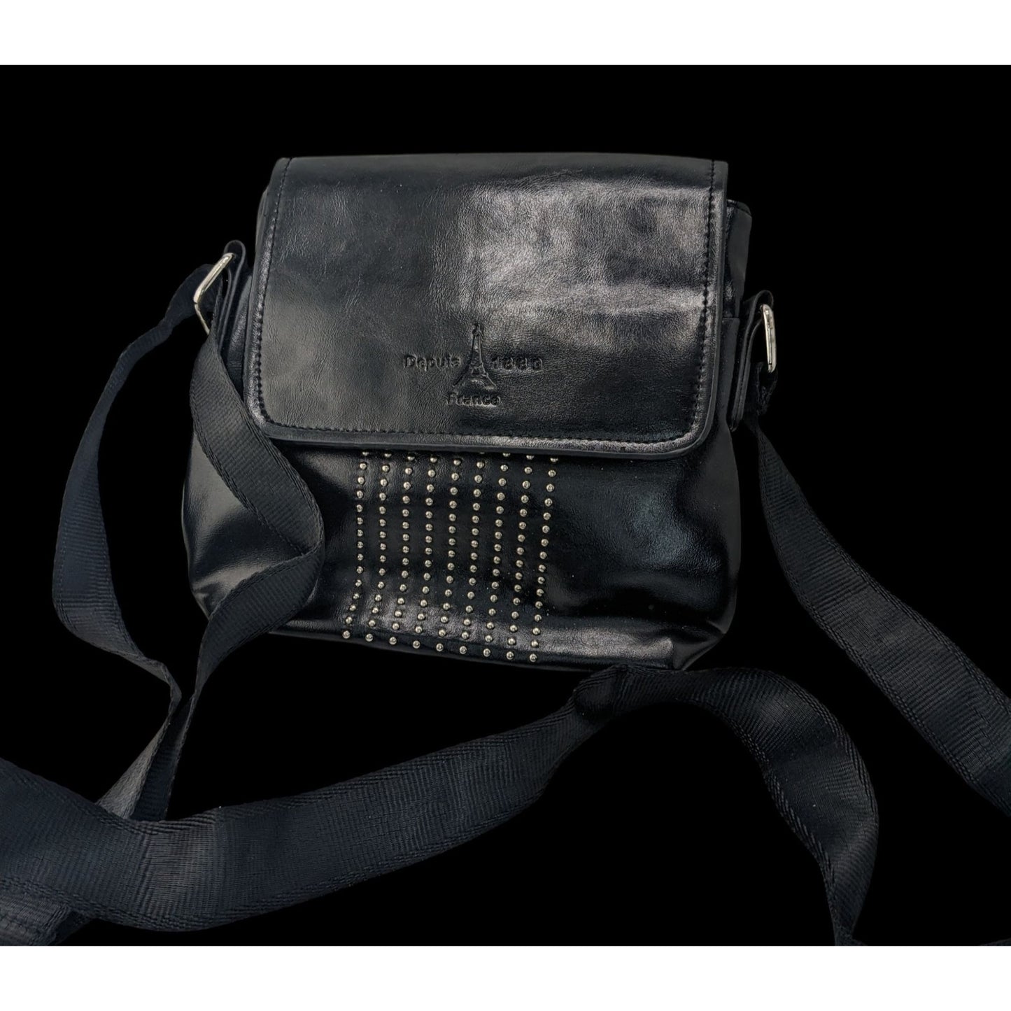 Depuis 1889 Paris France Souvenir Black Crossbody Bag With Studded Design Adjustable Strap & Magnetic Closure