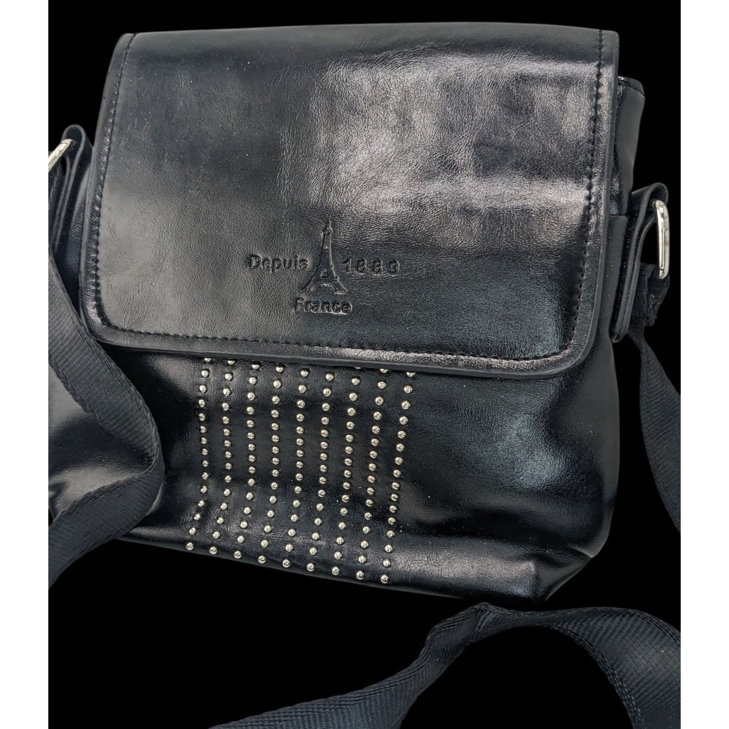 Depuis 1889 Paris France Souvenir Black Crossbody Bag With Studded Design Adjustable Strap & Magnetic Closure
