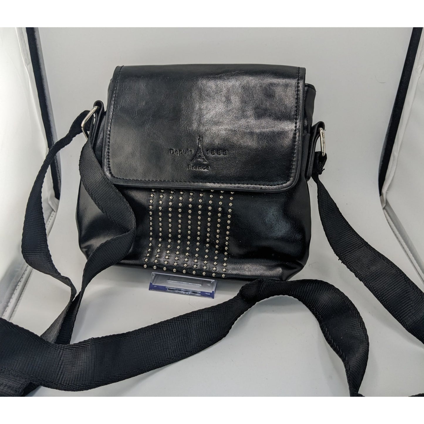 Depuis 1889 Paris France Souvenir Black Crossbody Bag With Studded Design Adjustable Strap & Magnetic Closure