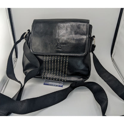 Depuis 1889 Paris France Souvenir Black Crossbody Bag With Studded Design Adjustable Strap & Magnetic Closure