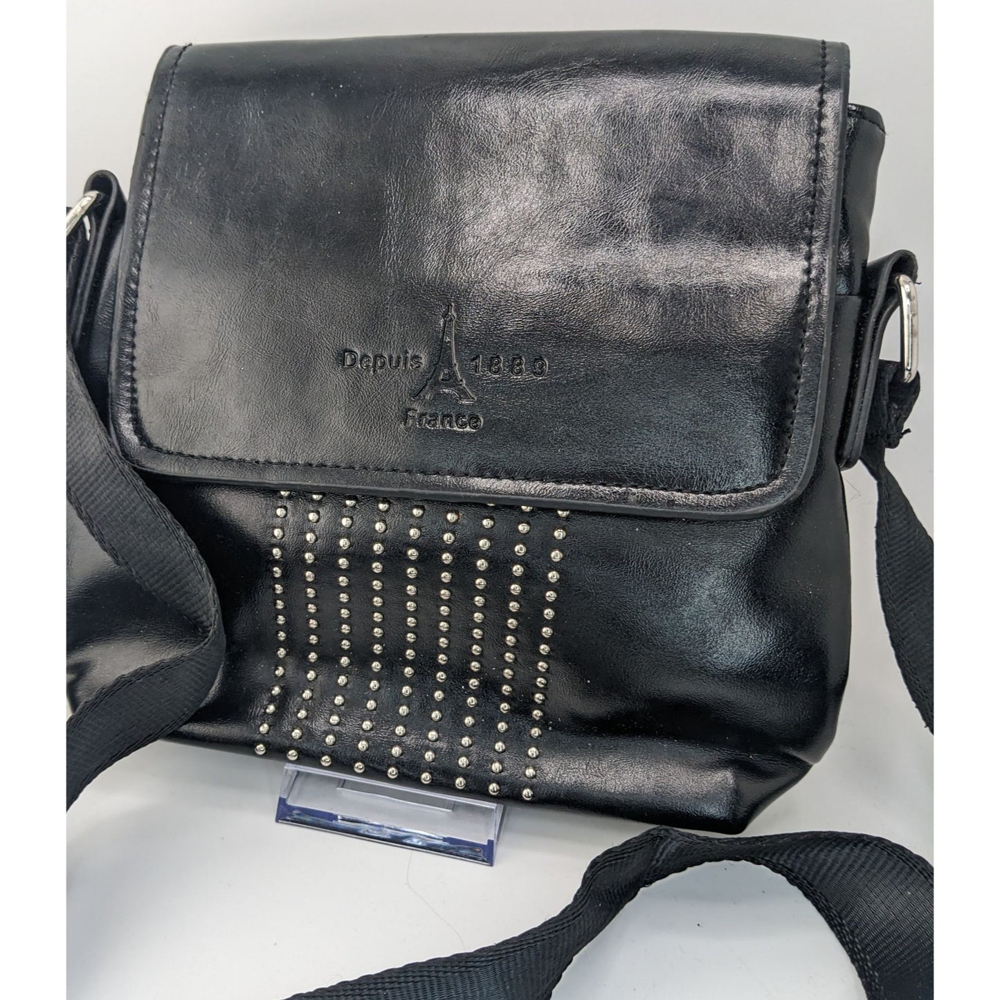 Depuis 1889 Paris France Souvenir Black Crossbody Bag With Studded Design Adjustable Strap & Magnetic Closure
