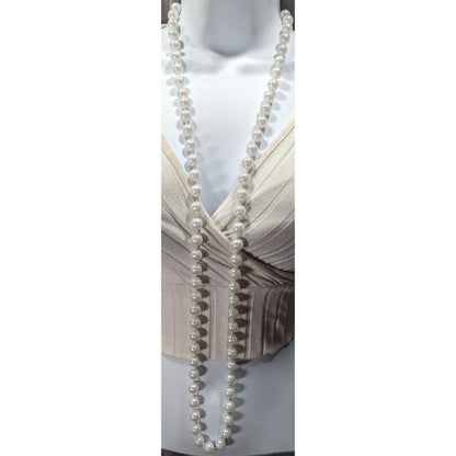 Long Classic White Faux Pearl Beaded Necklace