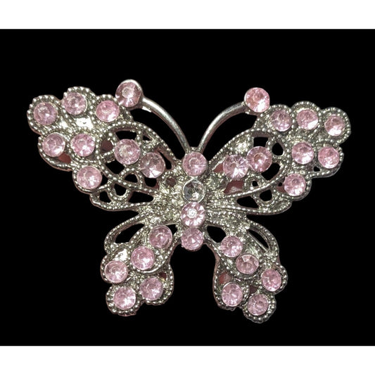 Fairycore Pink Gemmed Silver Tone Butterfly Brooch