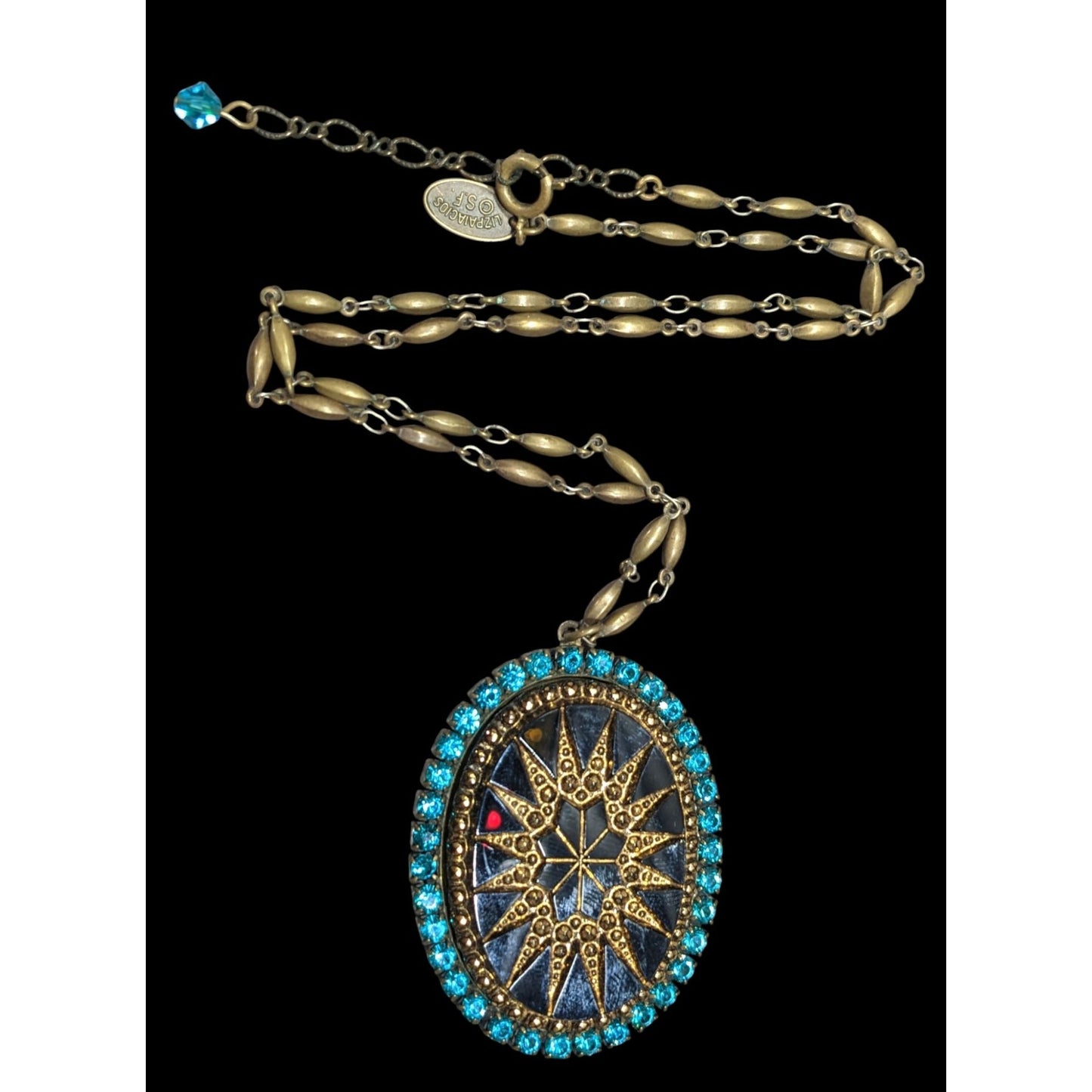 Vintage Liz Palacios Victorian Revival Black Gold And Blue Sunburst Pendant Necklace