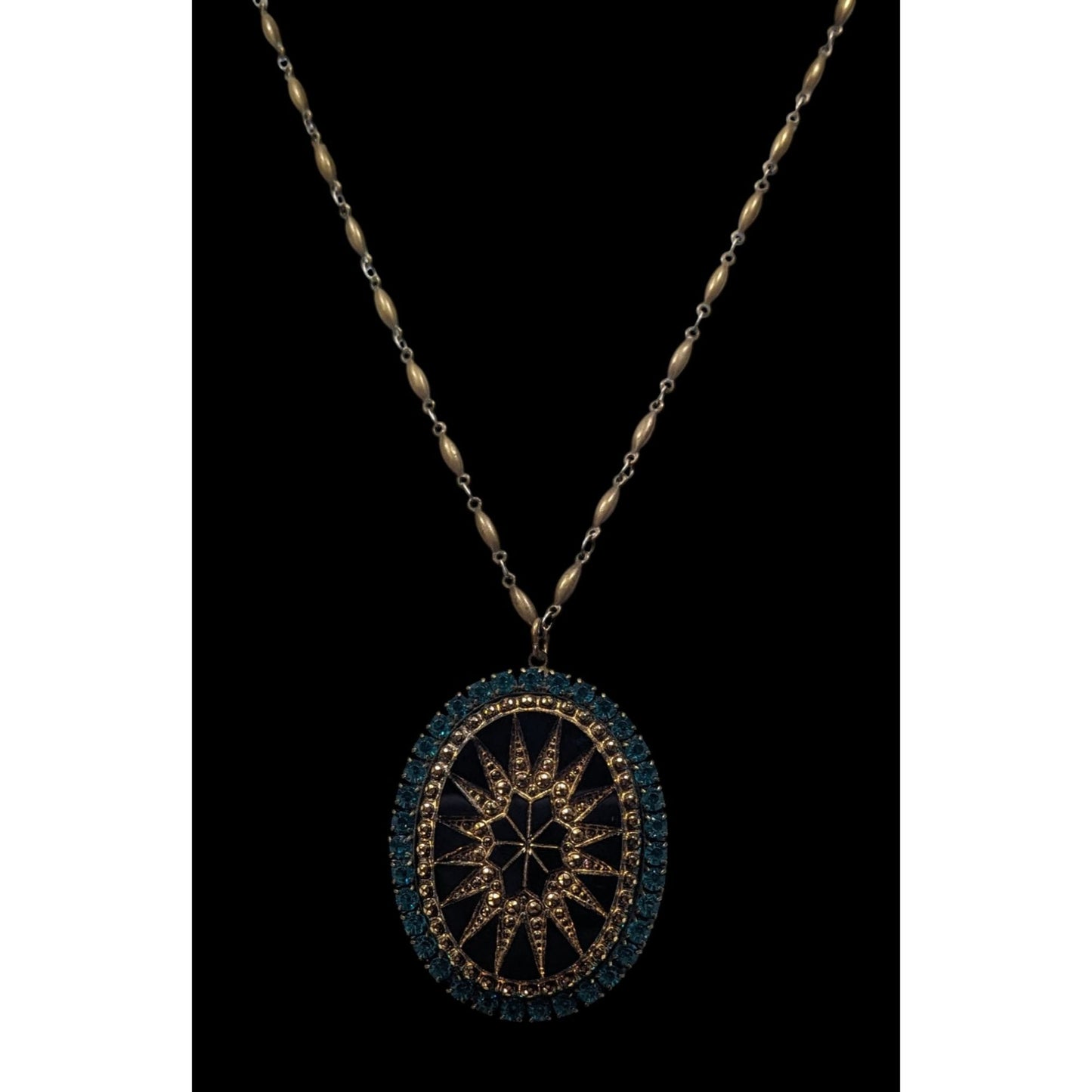 Vintage Liz Palacios Victorian Revival Black Gold And Blue Sunburst Pendant Necklace