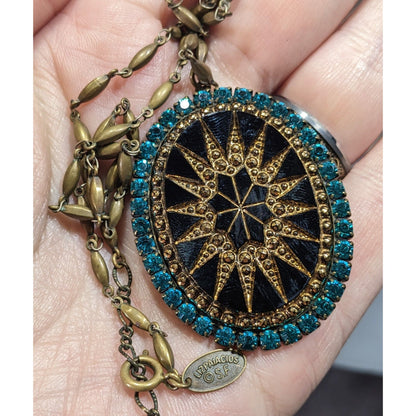 Vintage Liz Palacios Victorian Revival Black Gold And Blue Sunburst Pendant Necklace