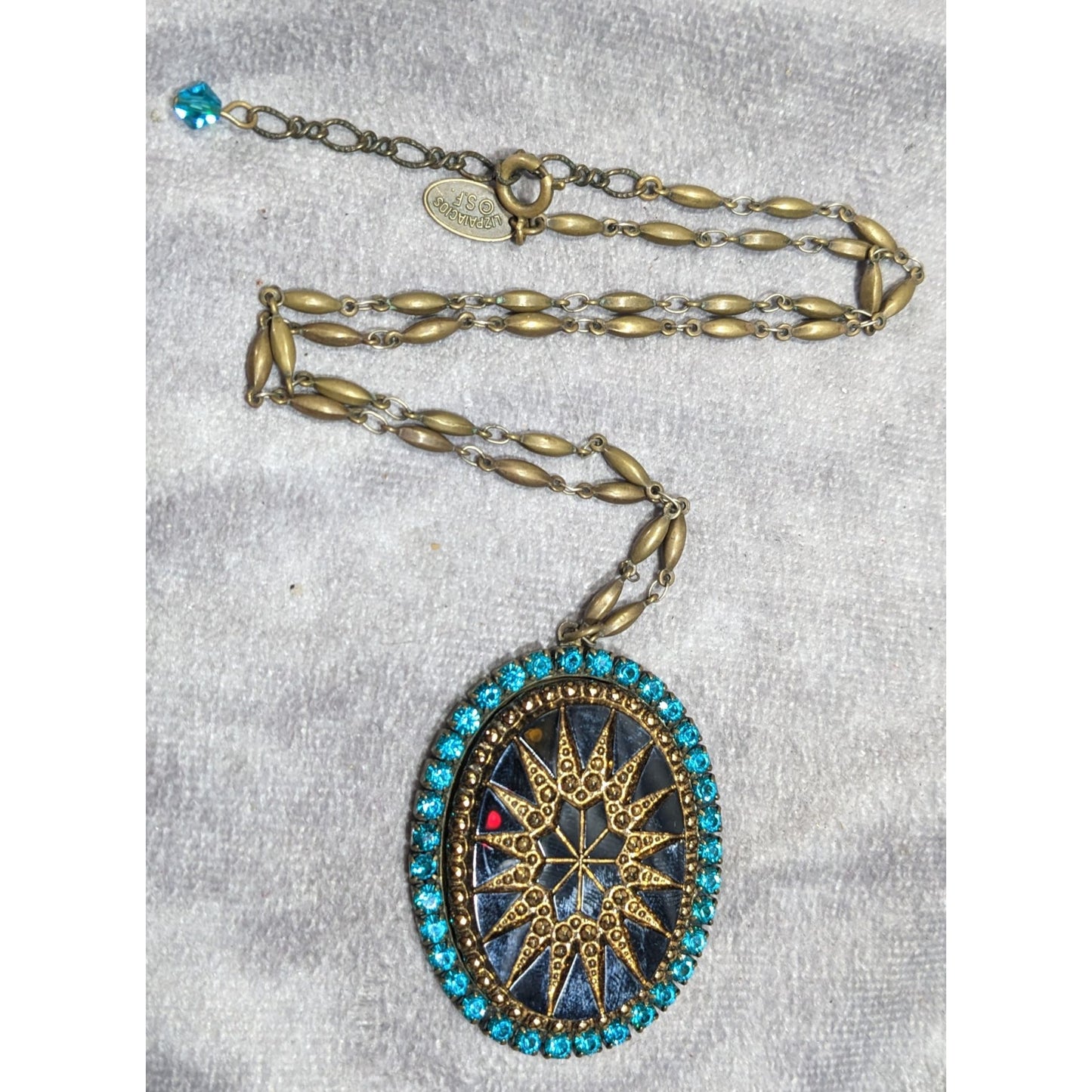 Vintage Liz Palacios Victorian Revival Black Gold And Blue Sunburst Pendant Necklace