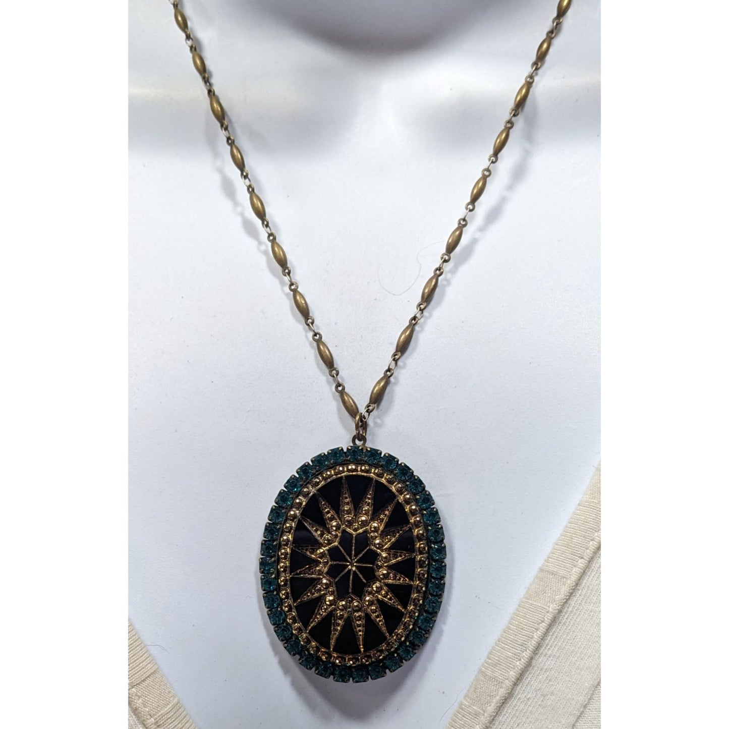 Vintage Liz Palacios Victorian Revival Black Gold And Blue Sunburst Pendant Necklace