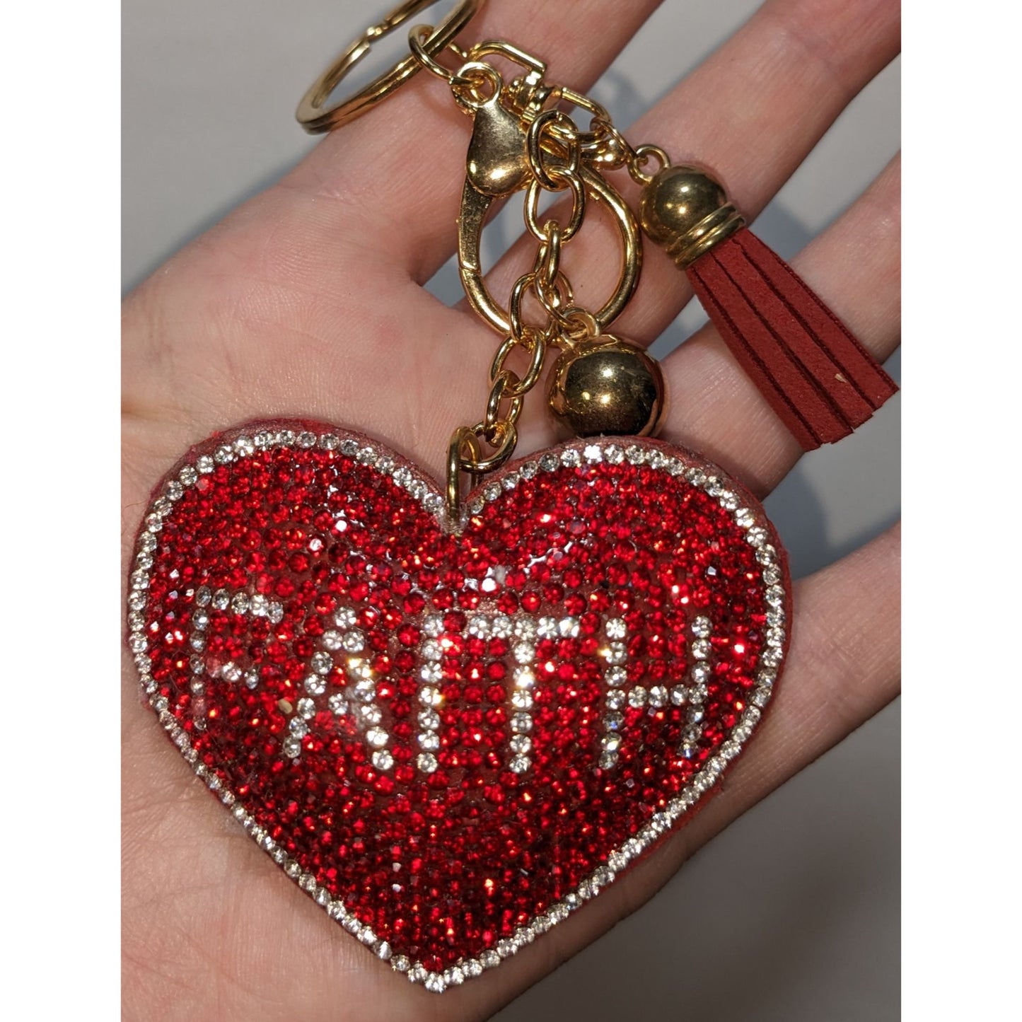 Rhinestone Heart "Faith" Keychain With Gold Accents & Tassel Charm