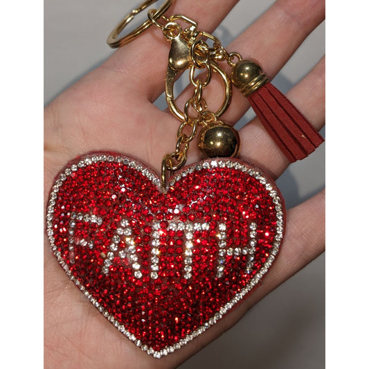 Rhinestone Heart "Faith" Keychain With Gold Accents & Tassel Charm