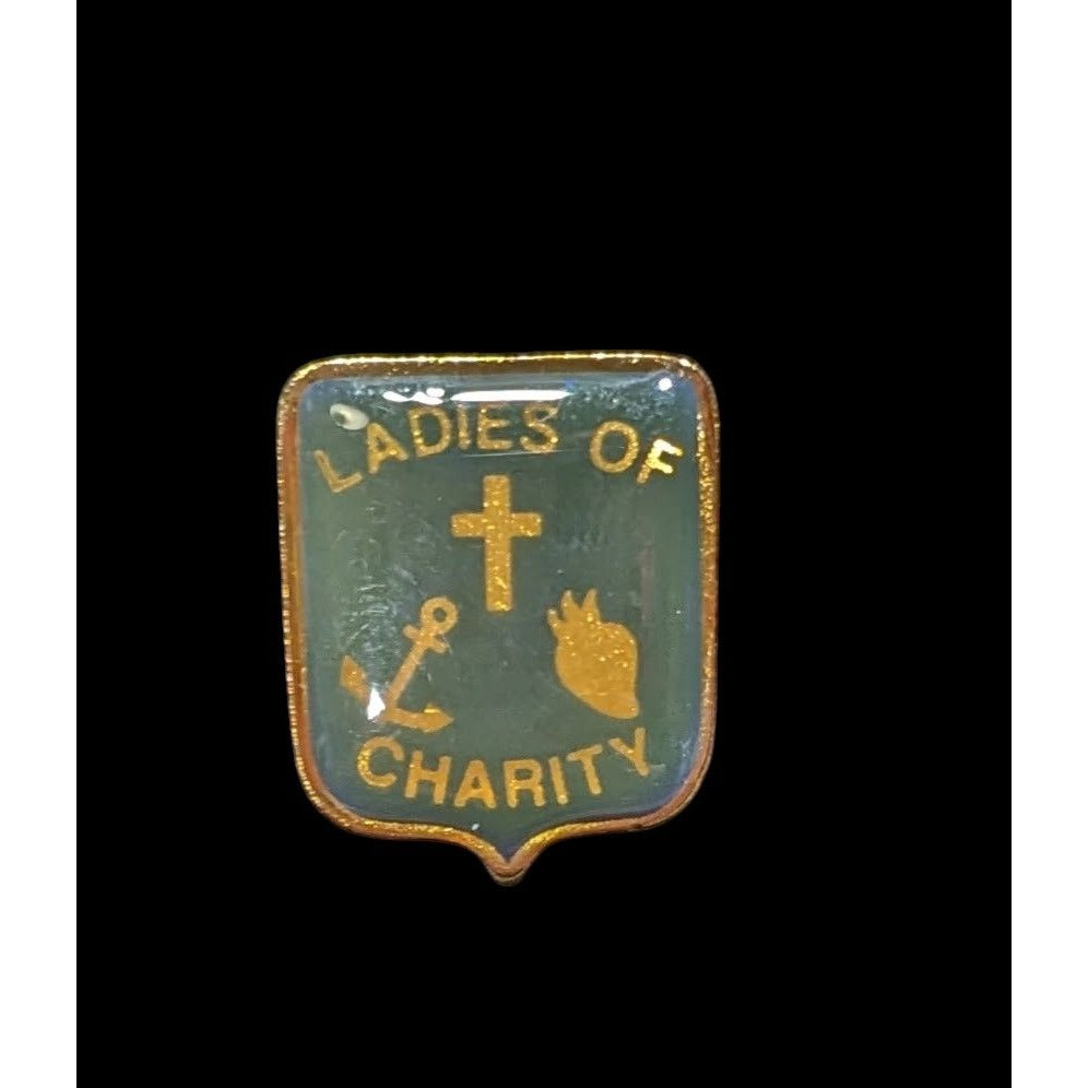 Vintage Ladies Of Charity Enamel Gold-Tone Shield Pin Badge Vintage Religious Emblem