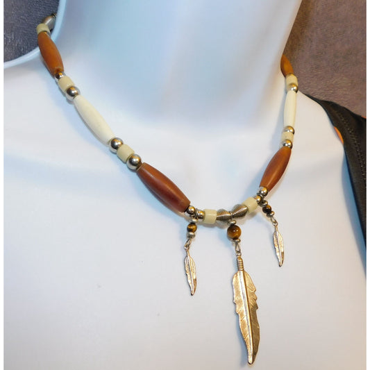 Southwestern Beaded Triple Feather Necklace