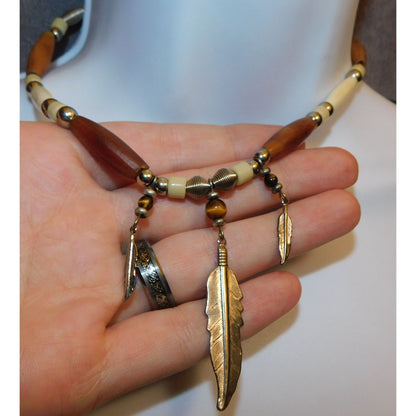 Southwestern Beaded Triple Feather Necklace