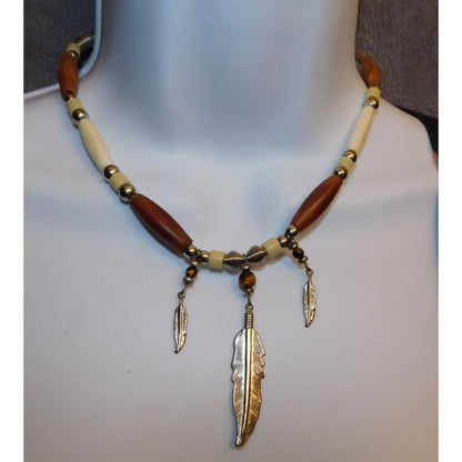 Southwestern Beaded Triple Feather Necklace