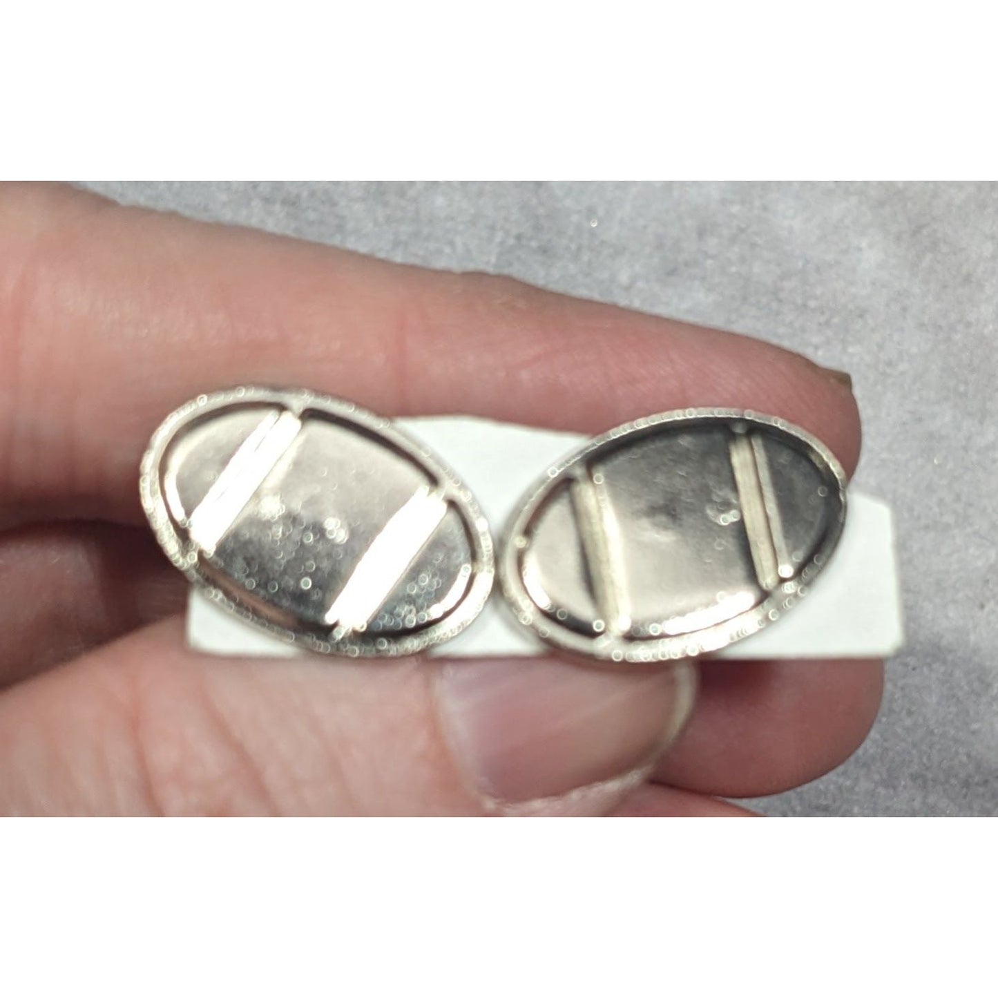 Silver Tone Oval Geometric Engraved Cuff Links