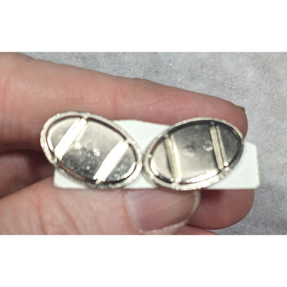 Silver Tone Oval Geometric Engraved Cuff Links