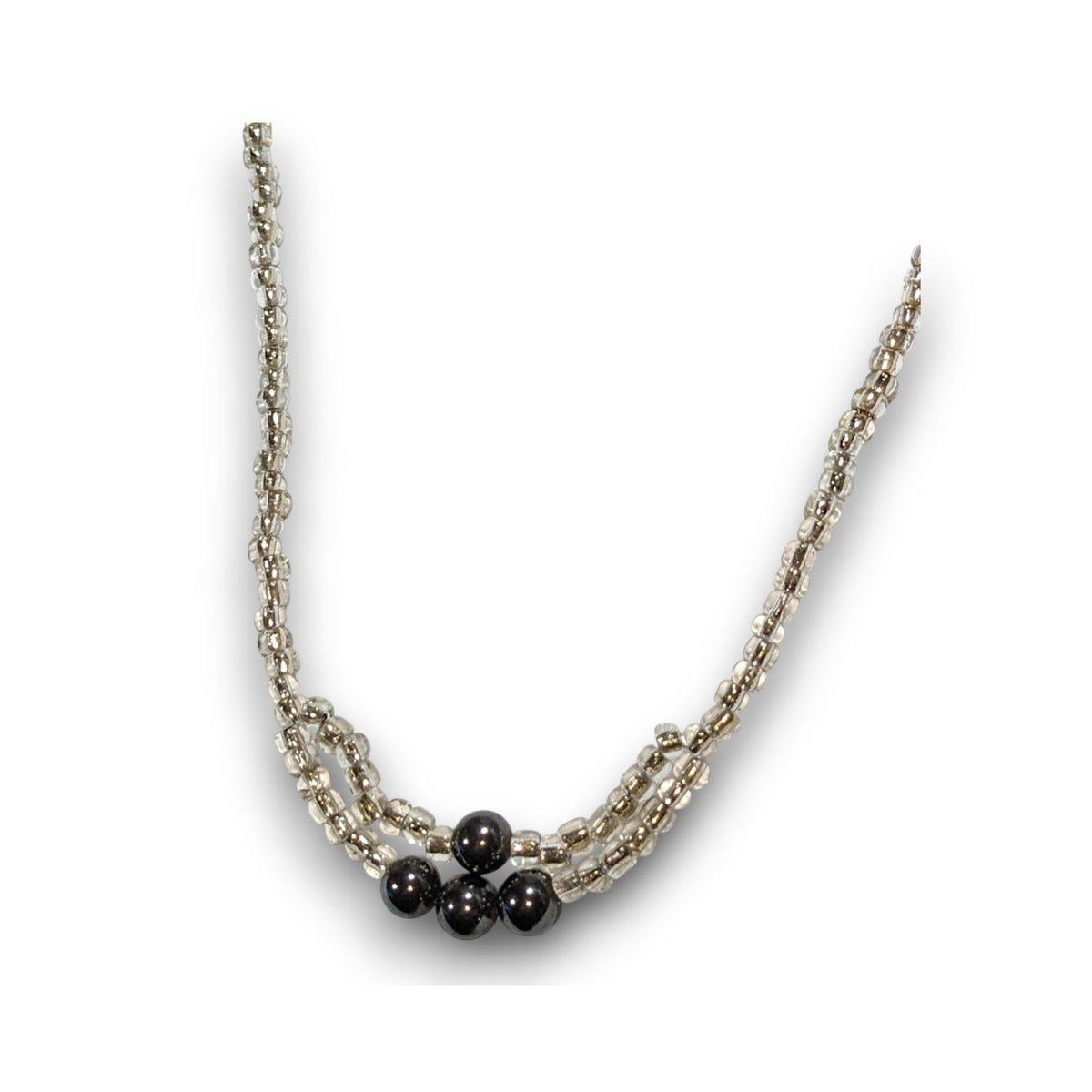 Minimalist Handmade Glass Clear Silver Black Beaded Necklace 20 Inch