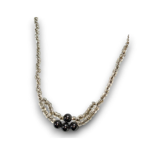 Minimalist Handmade Glass Clear Silver Black Beaded Necklace 20 Inch