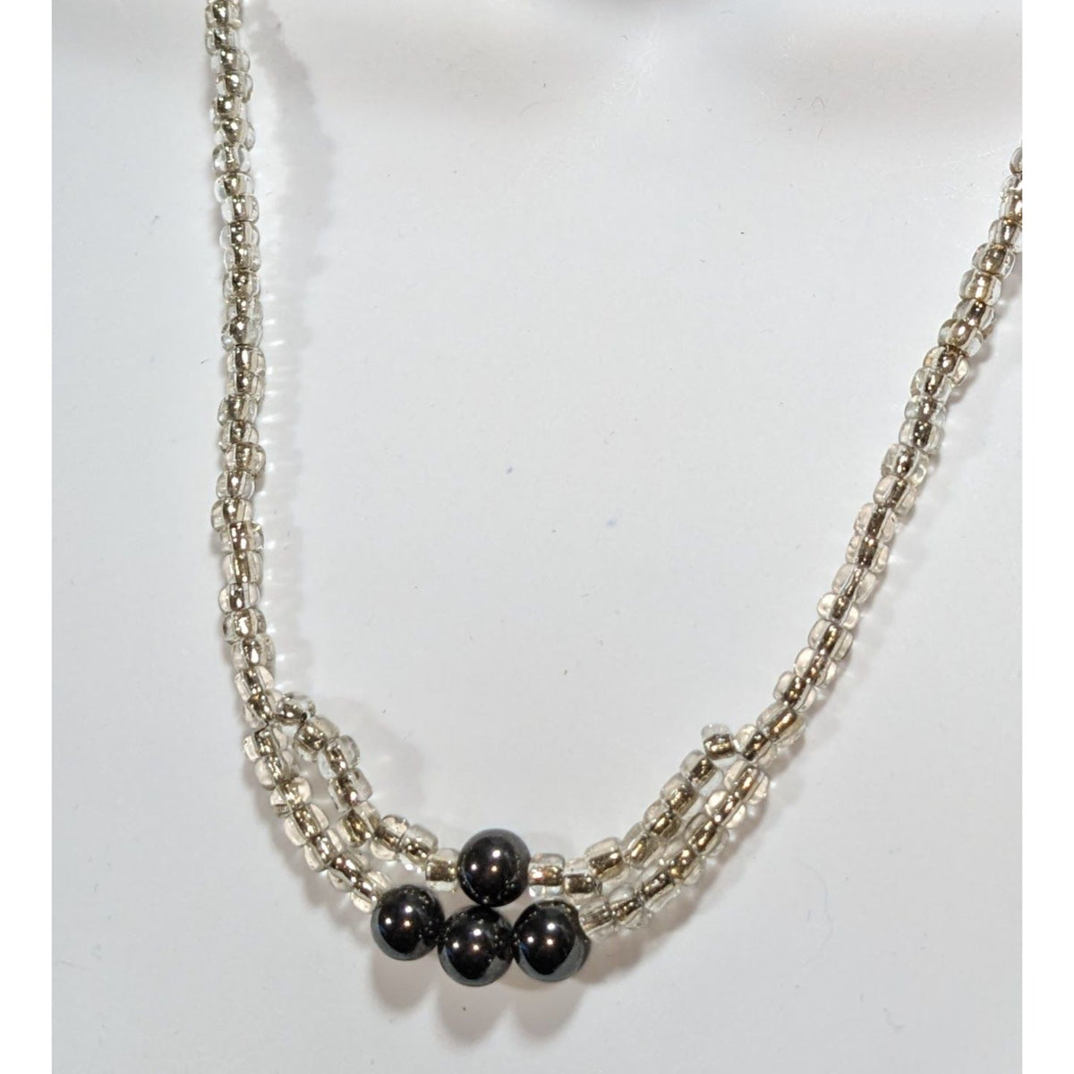 Minimalist Handmade Glass Clear Silver Black Beaded Necklace 20 Inch