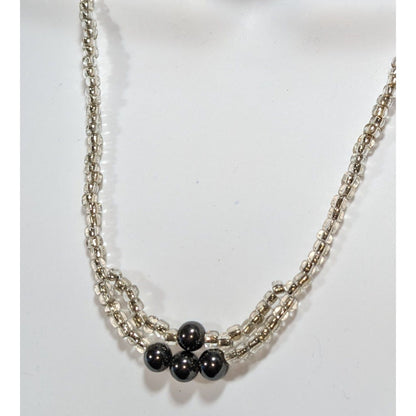Minimalist Handmade Glass Clear Silver Black Beaded Necklace 20 Inch