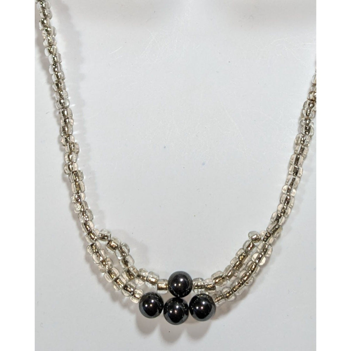 Minimalist Handmade Glass Clear Silver Black Beaded Necklace 20 Inch